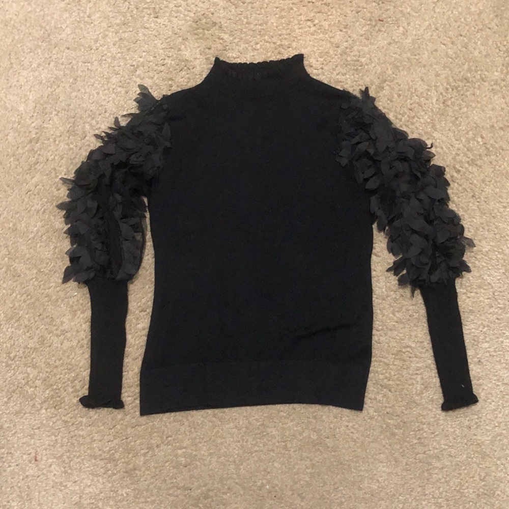 Sioni Black Ribbed Knit Top with Frilled Neckline Size M - Picture 4 of 8
